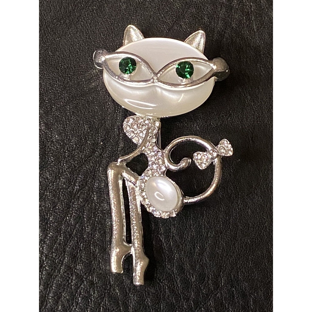 Cat Kitty Secretary Silver tone White Cabochon rhinestone Body brooch Cat Lovers
